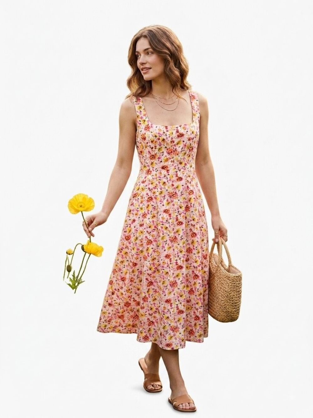 NWT Free Assembly Pink Floral Cotton Square Neck Panel Midi Dress Small 4-6